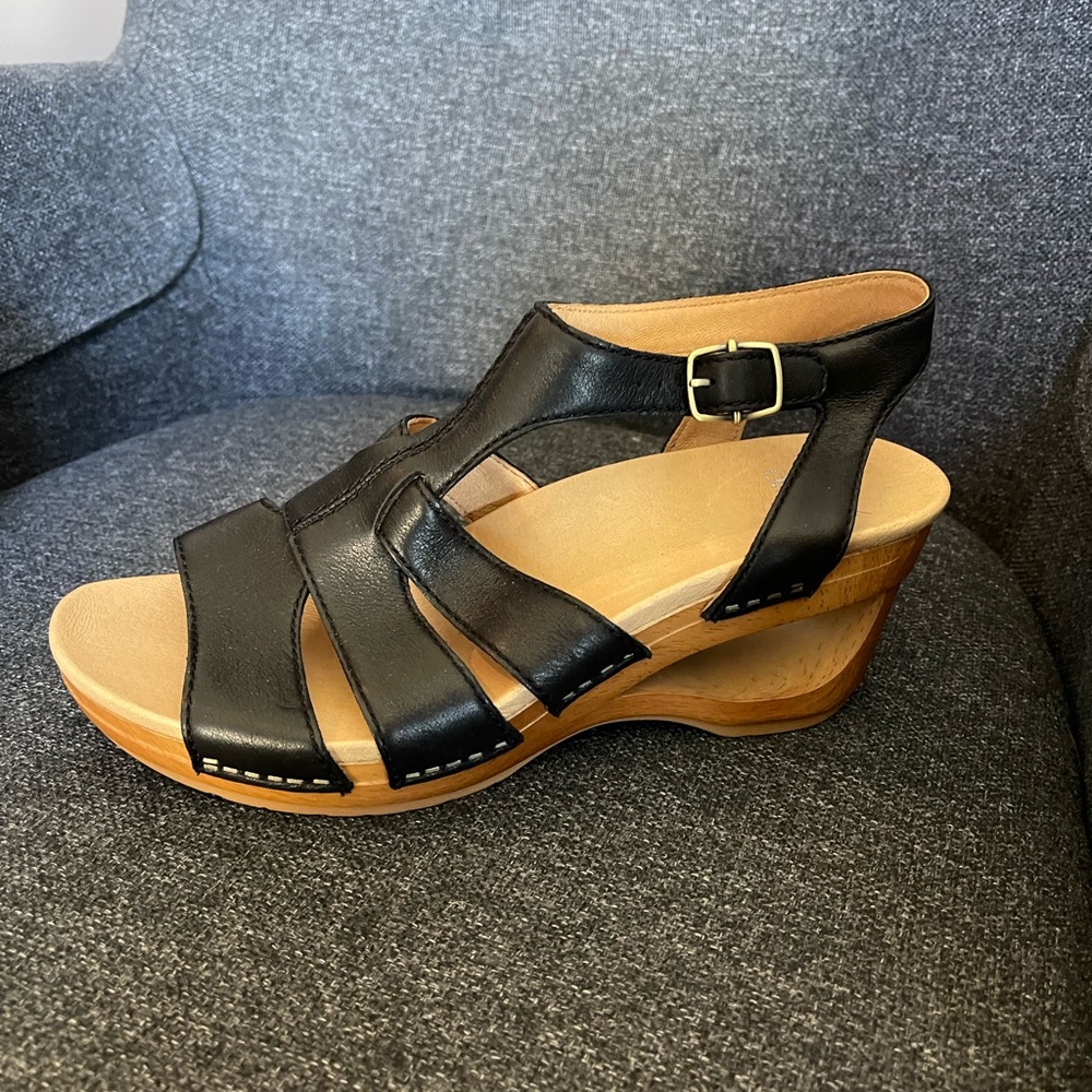 Dansko Black and Tan Wedge Sandals with Adjustable Ankle Strap